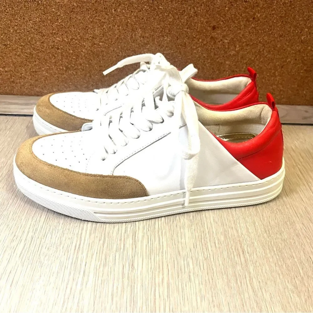 Boden White Tan Red Leather Suede Women Casual Trainers Size 8 EU 38
